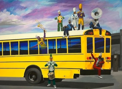 A marching band playing instruments on and around a yellow school bus with a colorful sky in the background.
