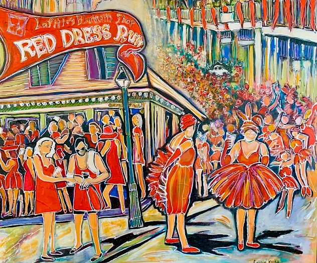 A colorful painting depicts a lively street scene with people in red dresses, banners, and buildings filled with spectators, creating a festive atmosphere.