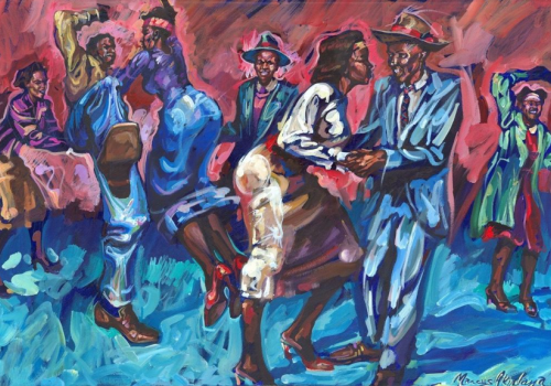 A vibrant painting of people dancing energetically, featuring colorful attire and exaggerated movements, set against an abstract, dynamic background.