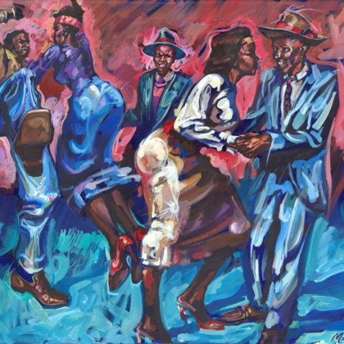 A vibrant painting of people dancing energetically, featuring colorful attire and exaggerated movements, set against an abstract, dynamic background.