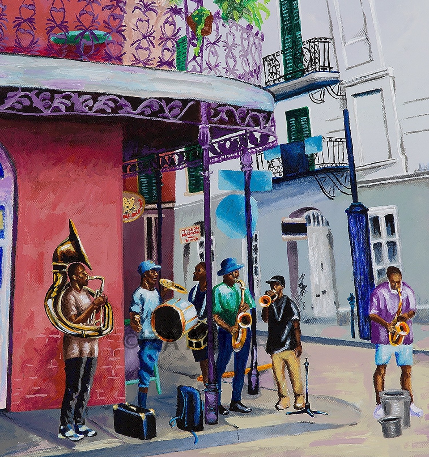 The image depicts a lively street with five musicians playing various brass instruments in front of a colorful building with ornate balconies.