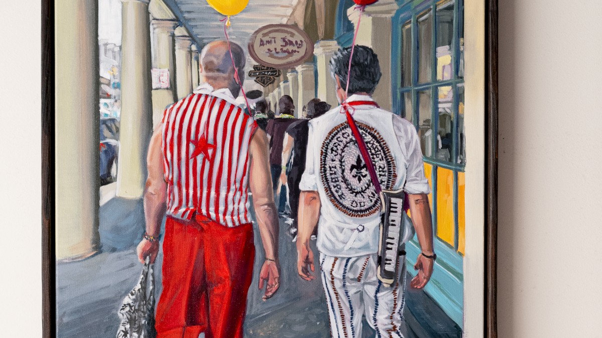 A painting of two people walking under an archway with red and yellow balloons, wearing striped outfits.