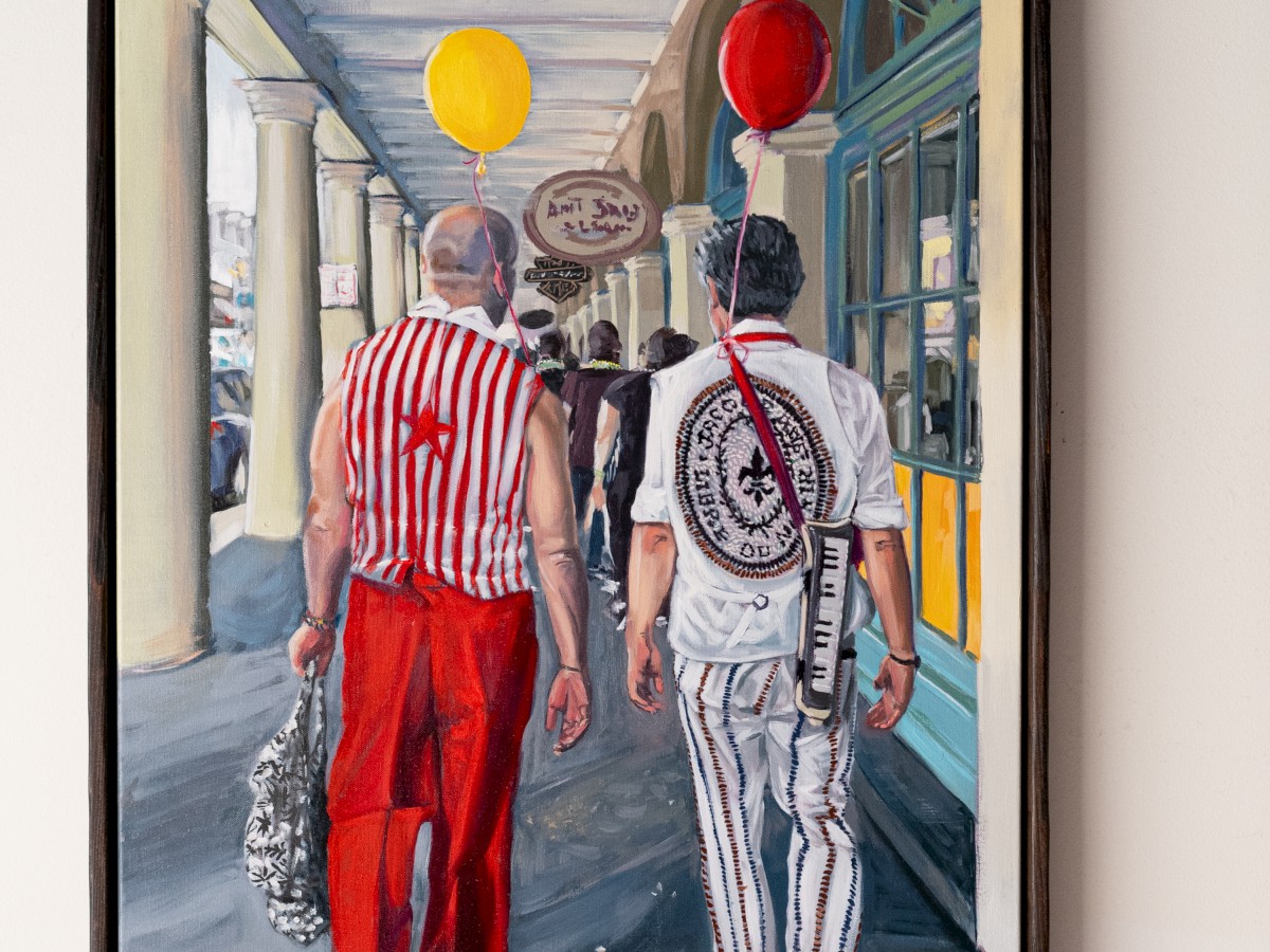 A painting of two people walking under an archway with red and yellow balloons, wearing striped outfits.