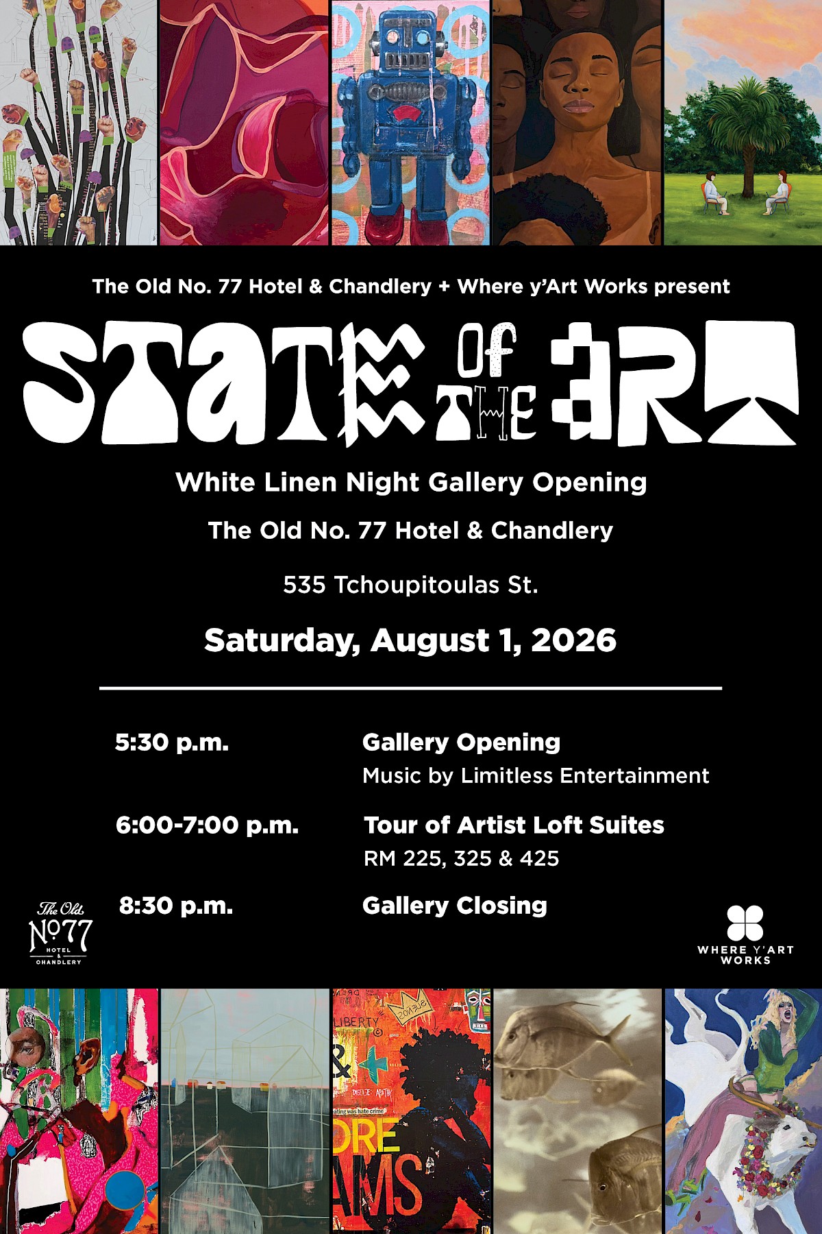 The image promotes an art gallery event called "State of the Art" at The Old No. 77 Hotel & Chandler, showcasing various artworks and details of the event.